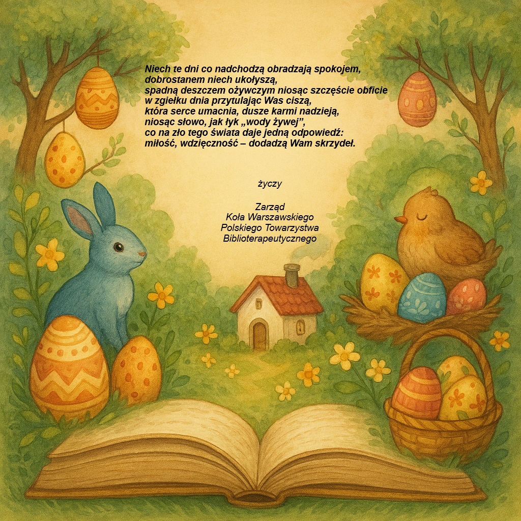 Życzenia wielkanocne na tle symboli wielkanocnych - jajek, kurczątka, zajączka, u podstaw obrazu leży otwarta książka a w tle widać dom pośród przyrody 